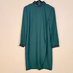 Talbots // dark green beaded mock neck long sleeves shift dress size 4 mar1